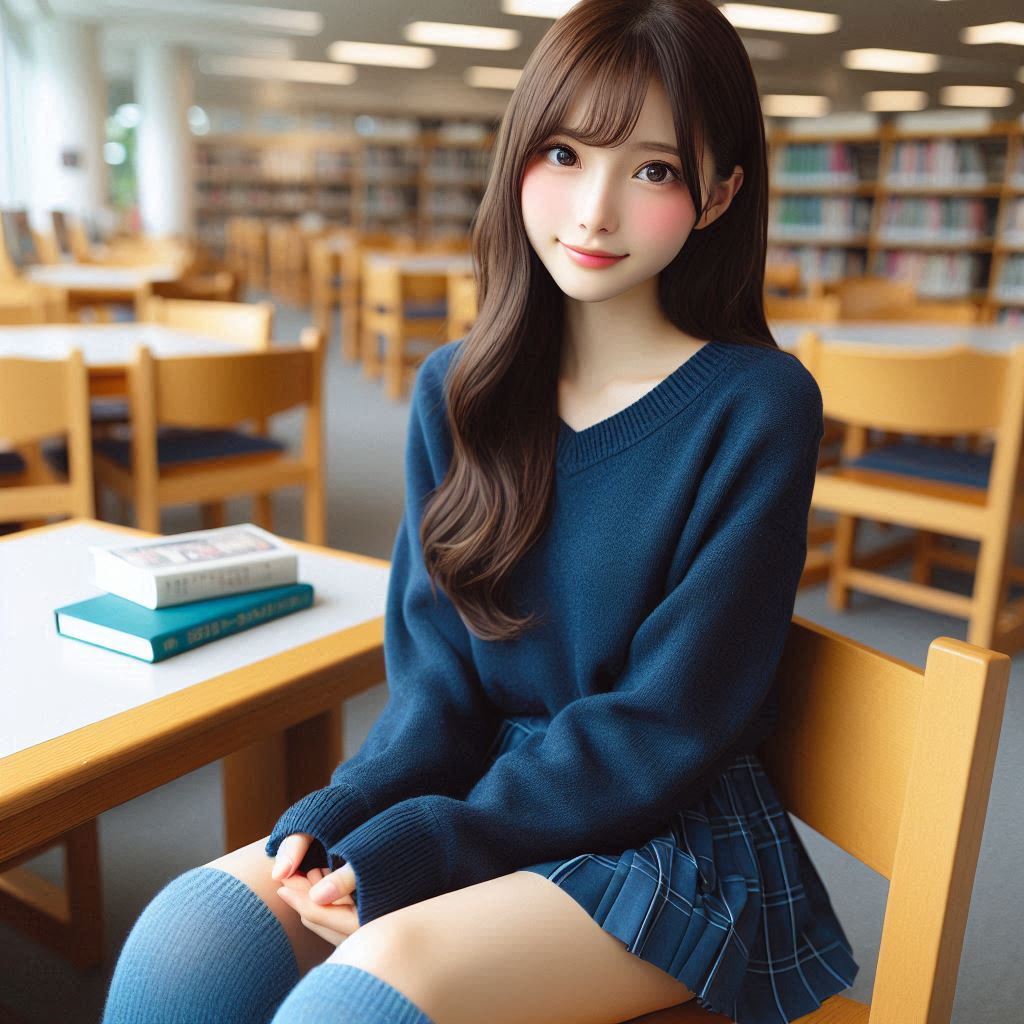 A young Japanese girl in a school uniform, wearing a dark blue sweater, a mini blue skirt, blu...jpg